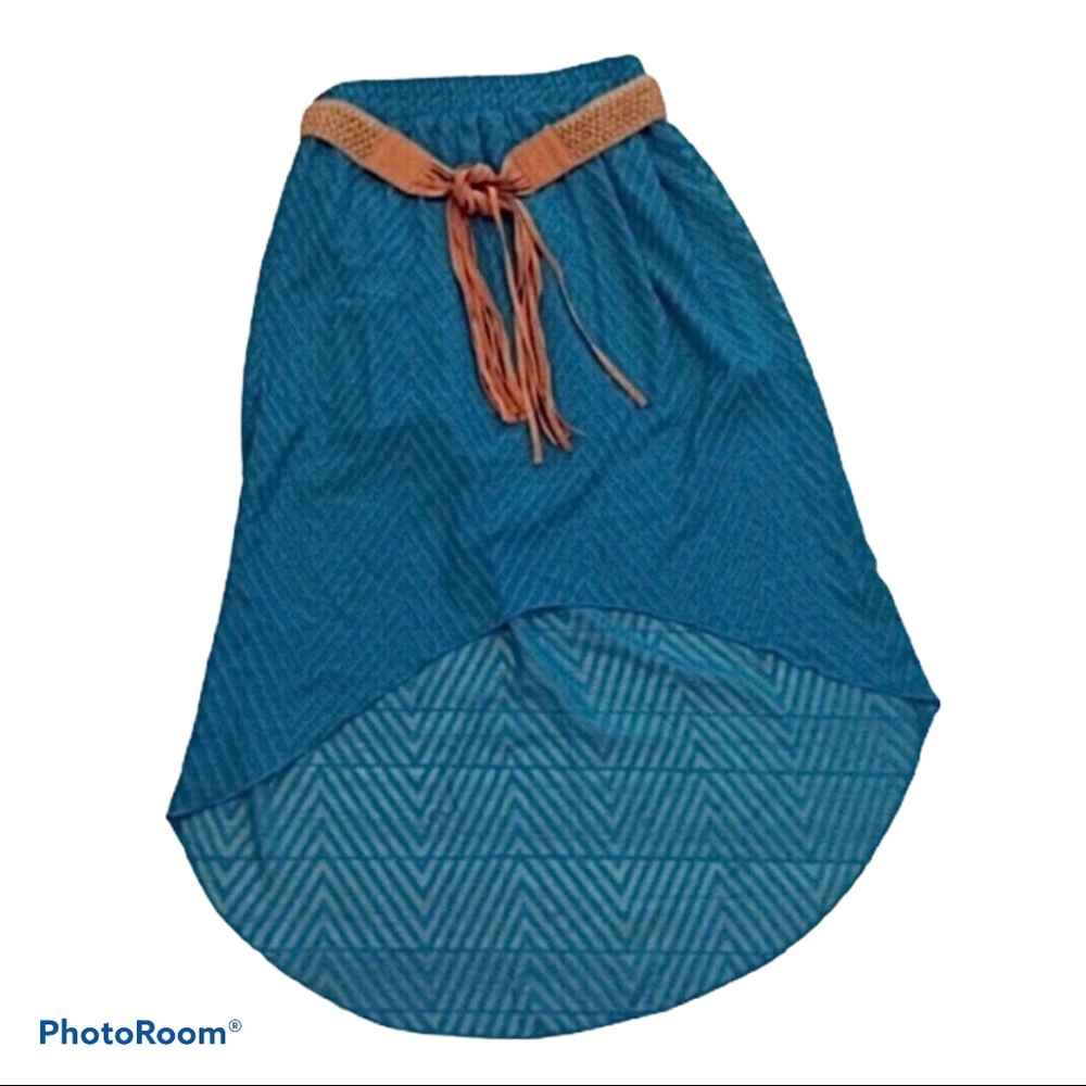 NoBo high lo textured teal skirt with tasseled belt